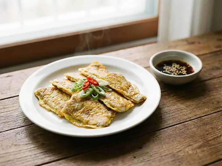 노릇하게 부쳐진 동태전이 흰 접시에 담기고 간장 소스가 곁들여진 모습