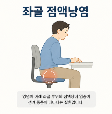 의자에 앉았을 때 엉덩이 아래 좌골 부위에 통증이 나타나는 좌골 점액낭염 안내 이미지