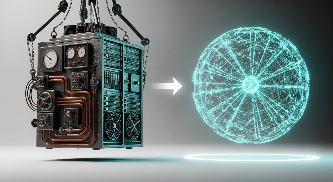 A conceptual image showing a heavy, old-fashioned mechanical server being replaced by a sleek, light, and glowing digital sphere. The sphere is made of complex neural network lines in teal color. Innovation, efficiency, future of AI technology, clean white background, 3D render.
