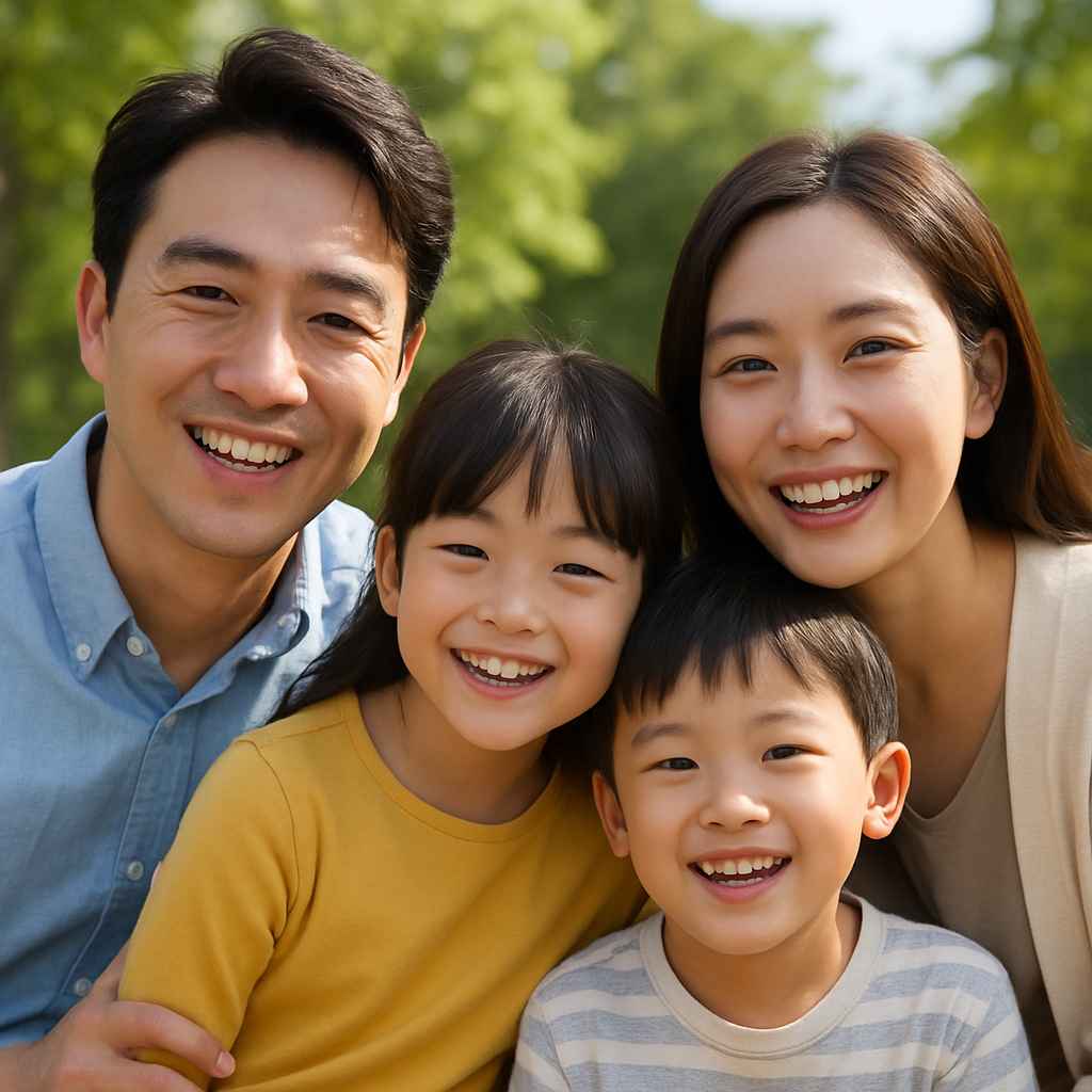 웃고 있는 동양인 가족, 자녀장려금 혜택을 상징하는 따뜻한 이미지입니다.