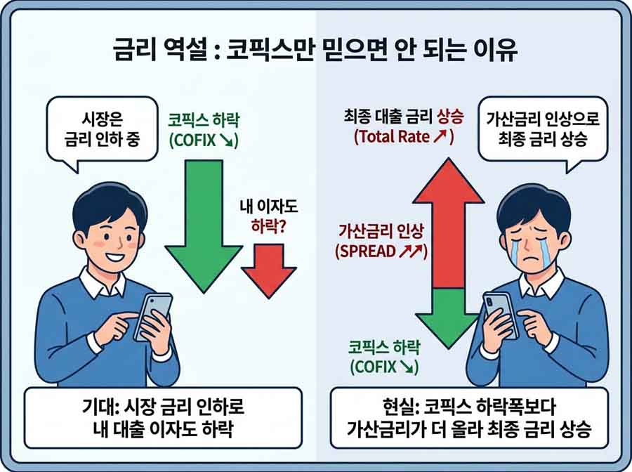 코픽스 신규취급액 하락 시 가산금리 역설 인포그래픽