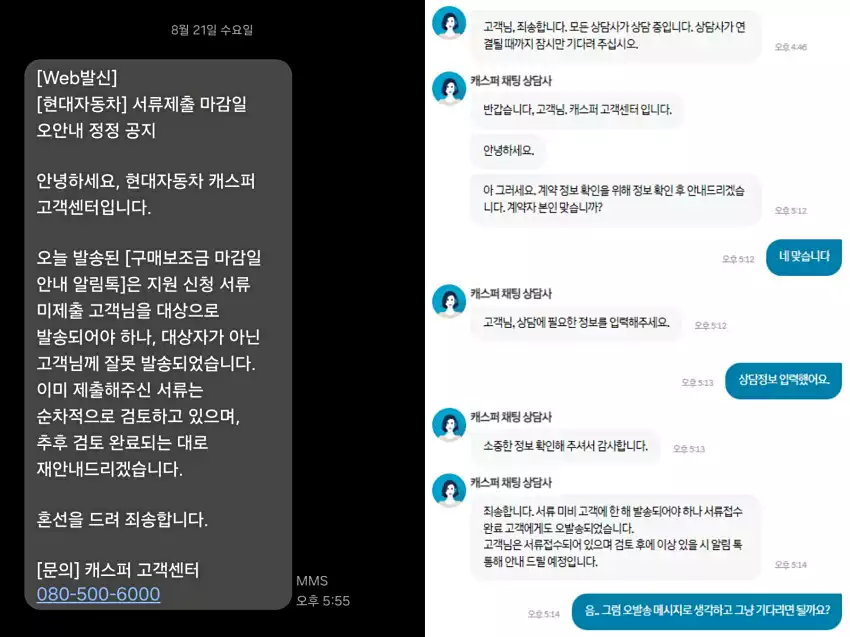 캐스퍼 일렉트릭의 보조금 서류와 관련한 상담 내용 일부입니다.