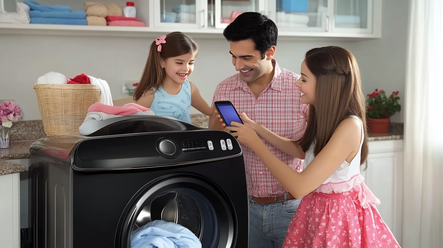 삼성 세탁기를 이용해 스마트폰으로 세탁 설정의 편리함을 누리는 행복한 가족의 이미지로, 편안함과 현대 기술을 보여줍니다.