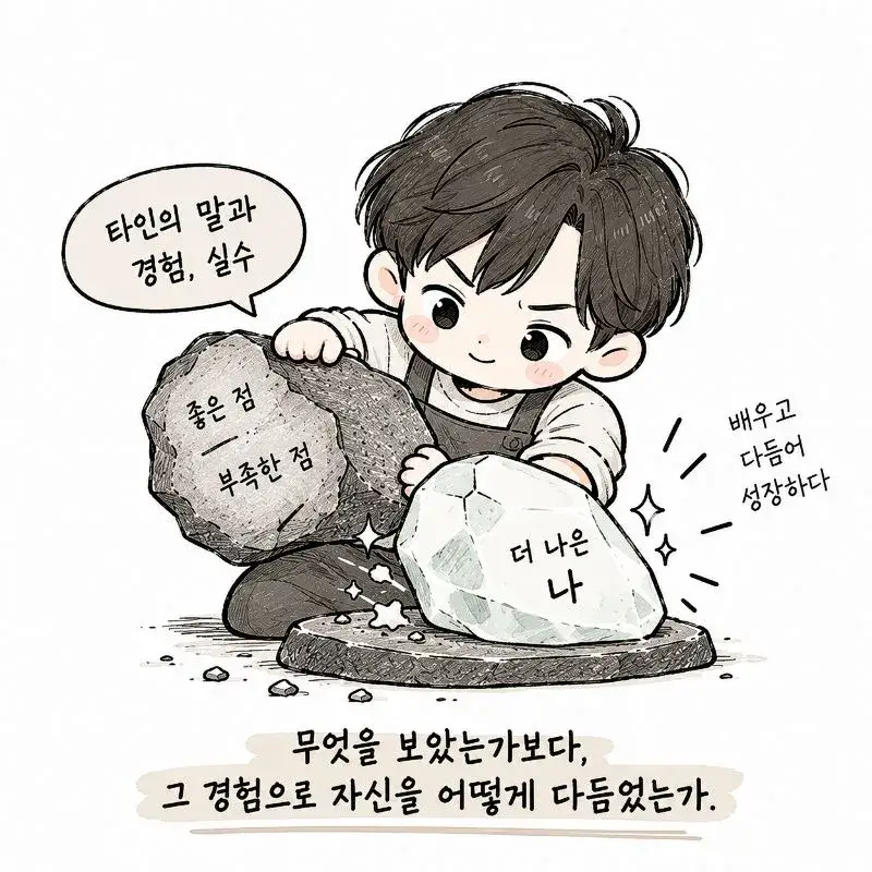 타산지석의 의미를 표현한 일러스트로, 한 인물이 거친 돌로 자신의 옥을 다듬으며 타인의 말과 경험, 실수까지도 자신을 성장시키는 교훈으로 삼는 모습