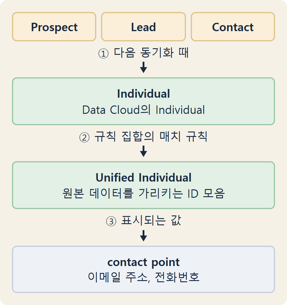 Prospect, Lead, Contact가 동기화로 Individual이 되고, 동일인 판정 규칙을 거쳐 Unified Individual과 contact point로 이어지는 흐름 그림