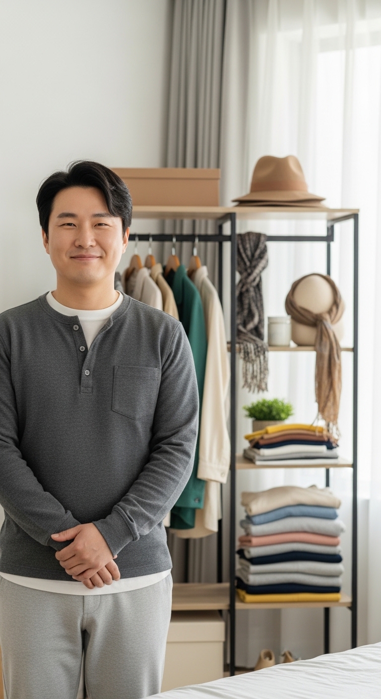 옷 정리를 끝내고 만족스러운 미소를 짓는 모습