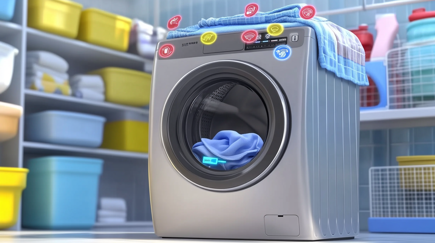 센서 아이콘과 세제 및 물 최적화 시각화로 삼성 WF25CB8895BV의 AI 스마트 세척 기능을 설명하는 인포그래픽