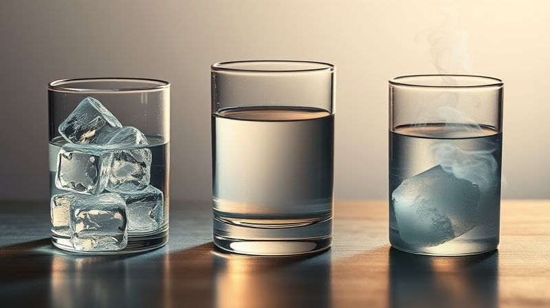 세 개의 비커에 담긴 서로 다른 상태의 물 (고체, 액체, 기체)