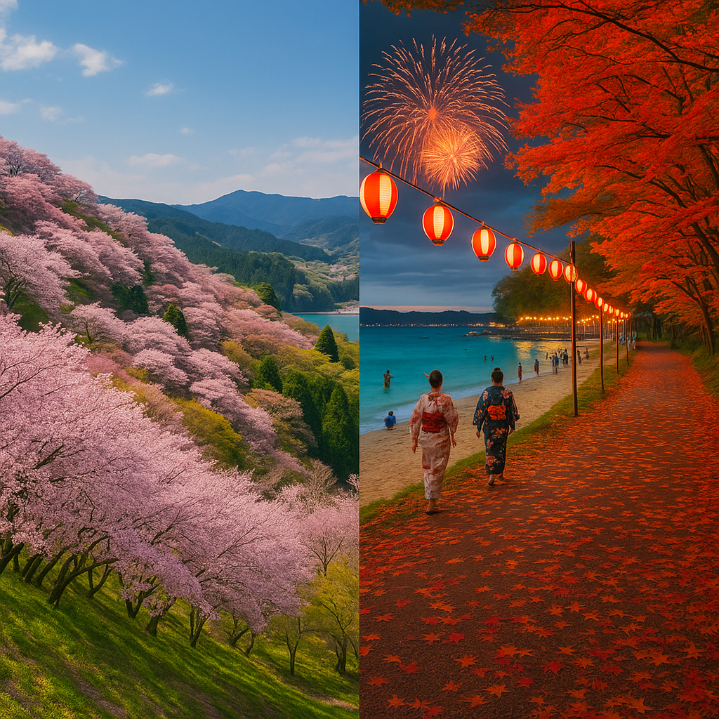 봄의 요시노 벚꽃, 여름의 오키나와 해변 축제, 가을의 아라시야마 단풍 산책길
