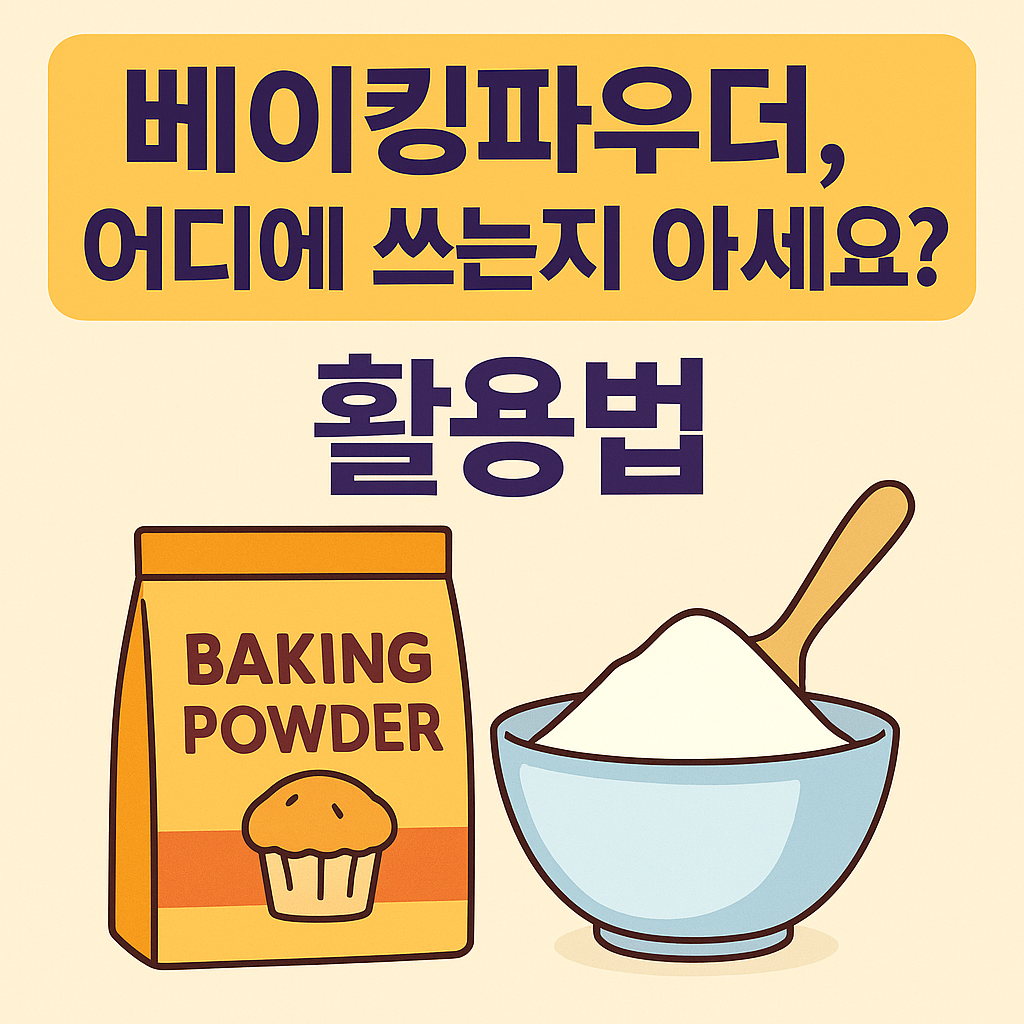 alt=&quot;베이킹파우더, 어디에 쓰는지 아세요? – 베이킹파우더 박스와 그릇 일러스트가 함께 있는 활용법 썸네일 이미지&quot;