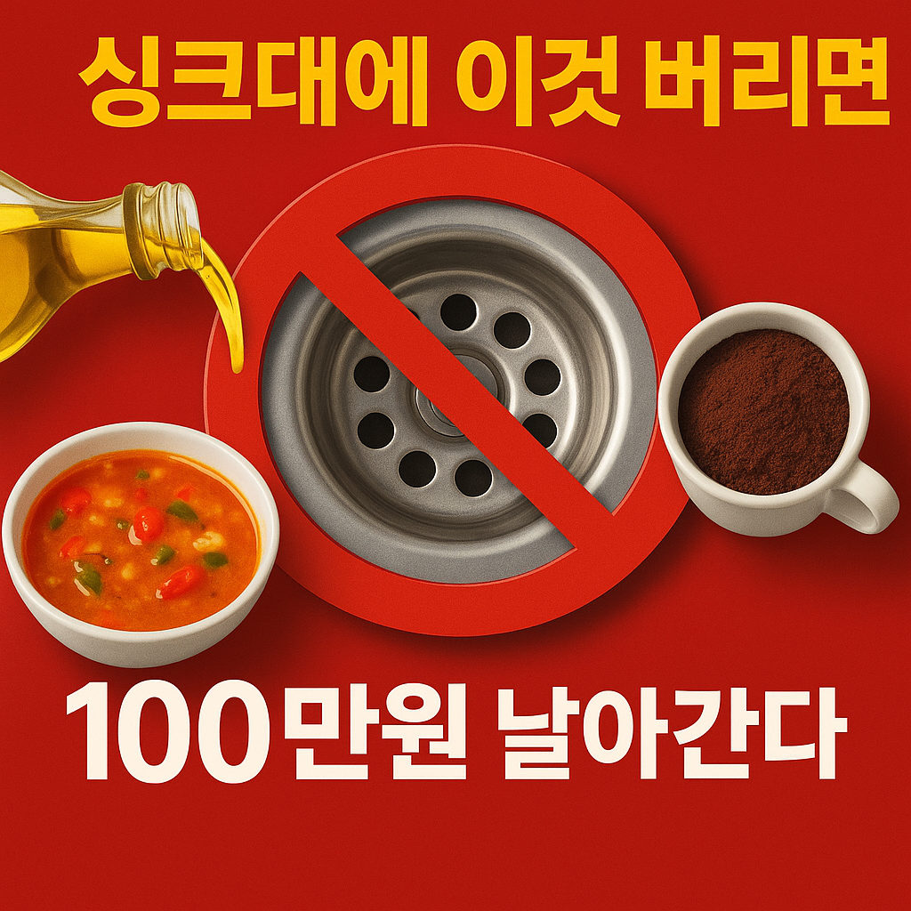 싱크대 배수구에 기름과 국물을 흘려보내면 배관이 막혀 수리비가 많이 든다는 경고성 썸네일 이미지