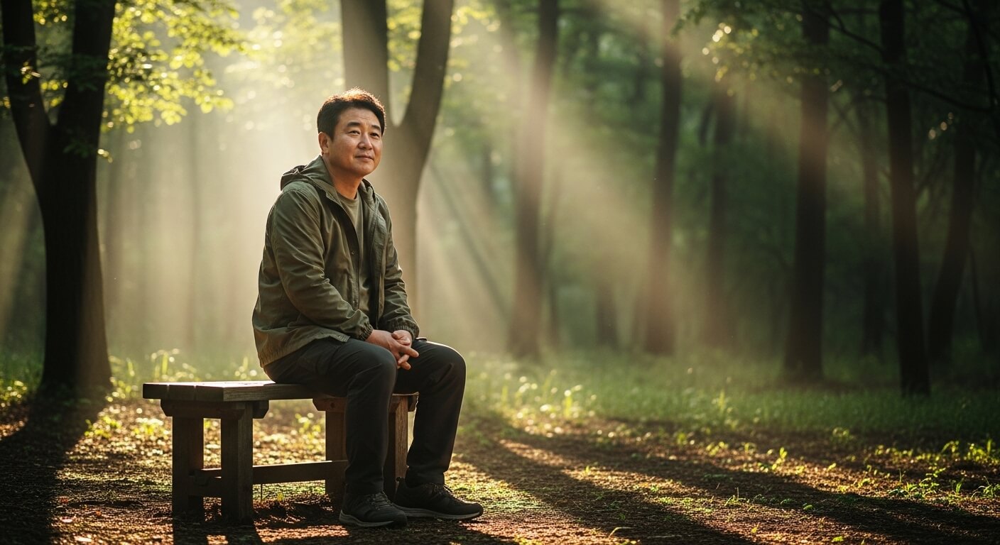 아침 햇살이 스며드는 숲속 벤치에 앉아 평온한 미소를 짓는 한국인 중년 남성의 모습