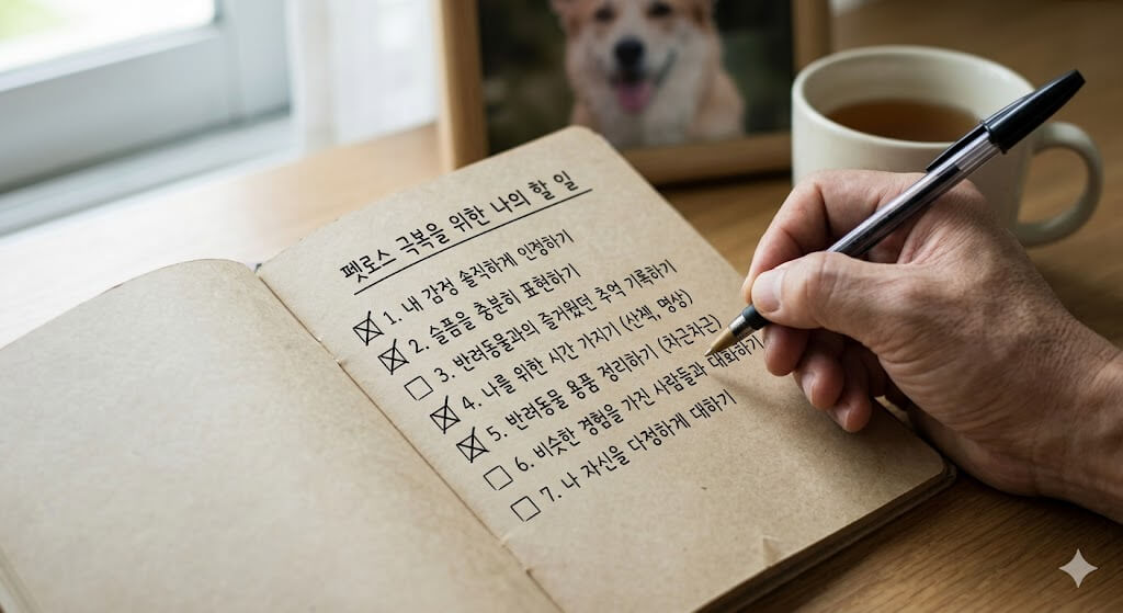A hand writing down a mind-care symptom checklist on a notepad for tracking emotional changes.