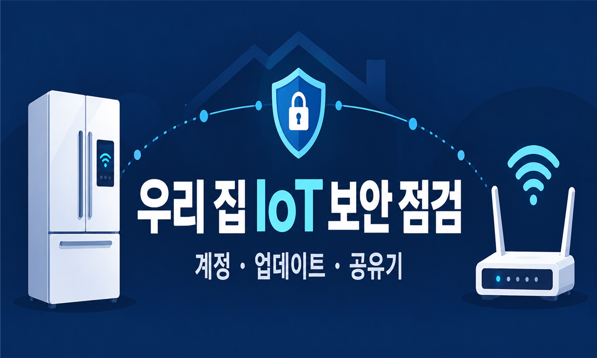 냉장고&middot;공유기&middot;방패 삽화와 우리 집 IoT 보안 점검 문구가 있는 교육용 대표 이미지