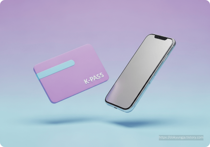 K패스 교통카드와 스마트폰이 함께 있는 모습을 표현한 3D 심플 아이콘