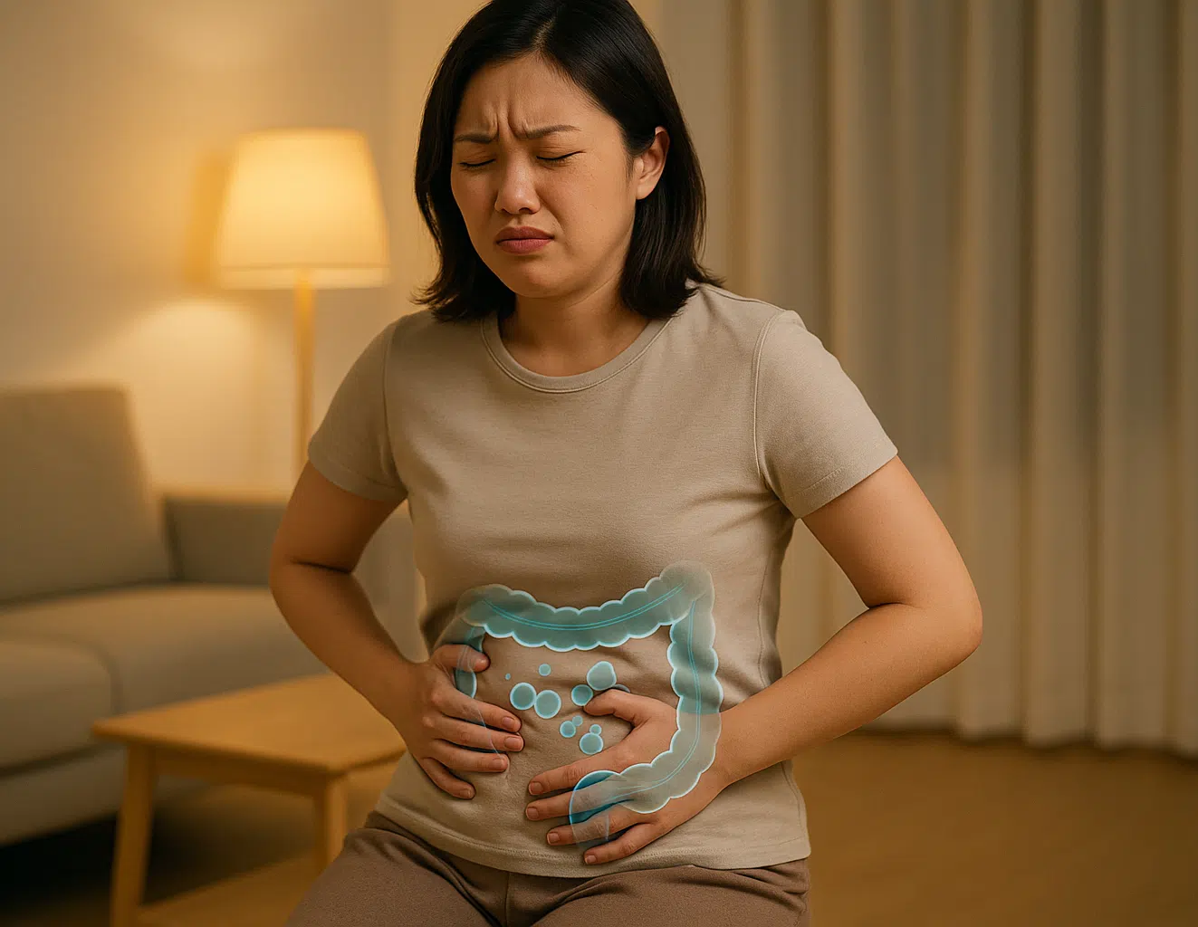 배가 빵빵하게 부풀어 오른 사람, 복부를 손으로 잡고 답답한 표정, 실내 가정 배경, 복부 팽만감과 불편함을 시각적으로 표현, 장 속 가스가 차 있는 일러스트 요소