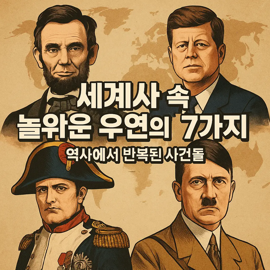 세계사 속 놀라운 우연의 일치 7가지 썸네일 이미지 - 링컨, 케네디, 나폴레옹, 히틀러 인물 일러스트