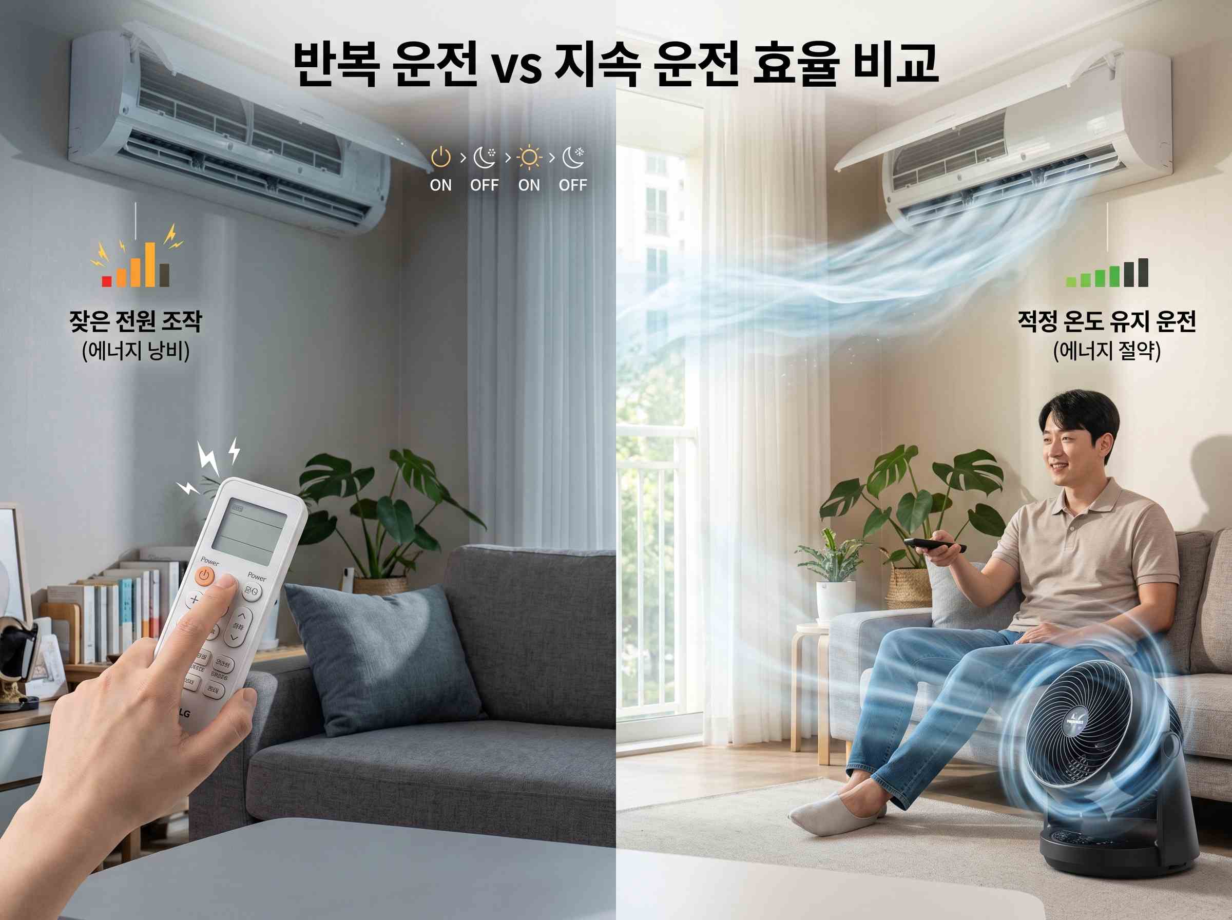 에어컨을 반복해서 켜고 끄는 리모컨 조작과 안정적으로 유지 운전하는 모습을 비교한 장면