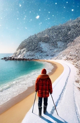 해변눈길을 따라 걷고 있는 사람의 모습