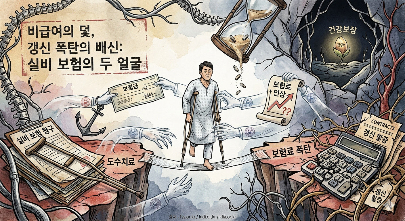 실비 보험 청구와 갱신 폭탄에 대한 비판적인 시각을 담은 그림