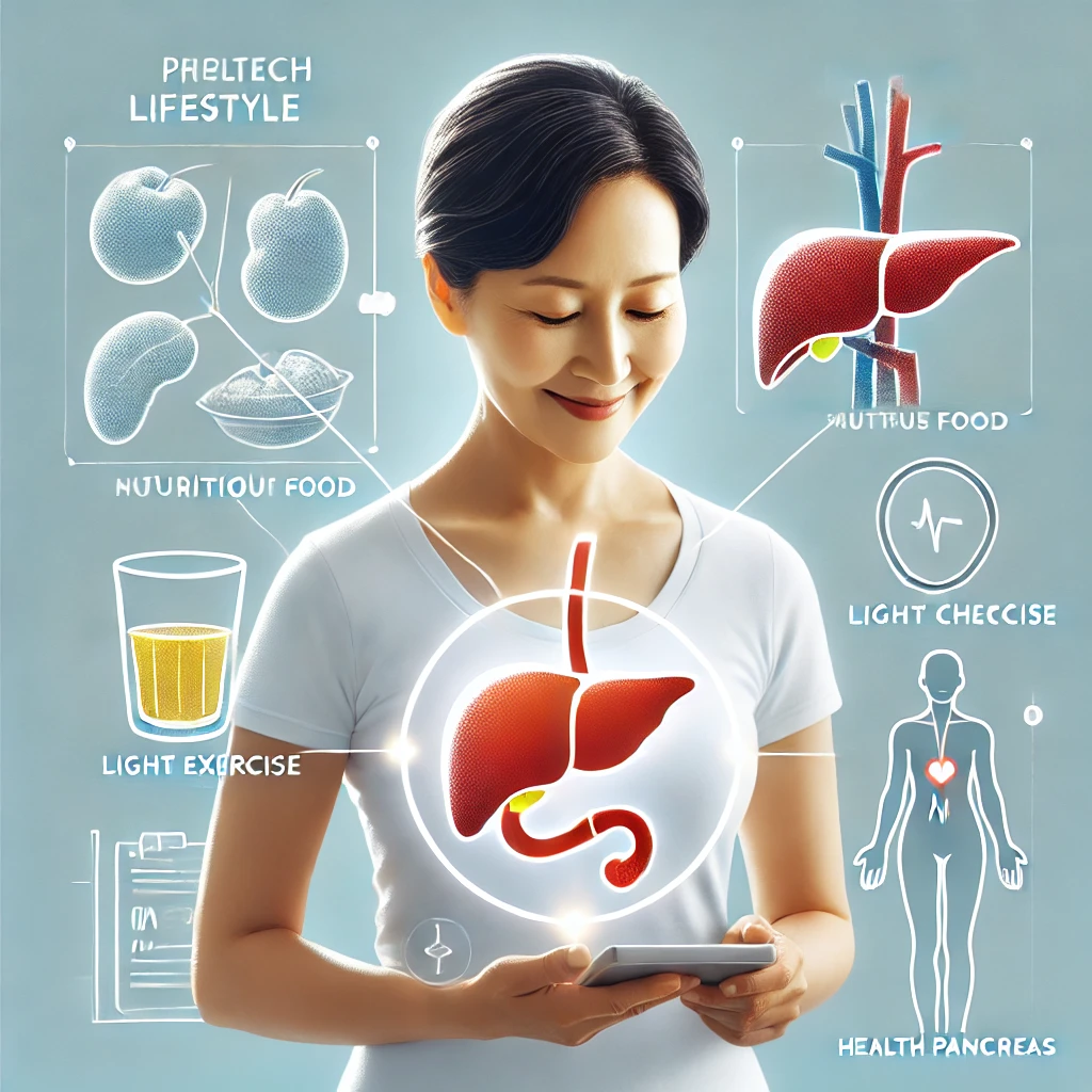 위,간,췌장을 함께 보호하는 생활습관으로 균형잡힌 식사,운동,건강검진 등을 표현한 이미지