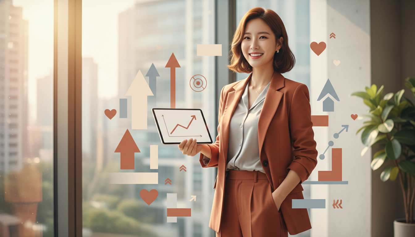 밝은 미소를 짓고 있는 젊은 한국인 여성과 그녀의 직업 스펙을 시각적으로 표현한 결혼 정보 관련 인포그래픽. 태블릿을 들고 서 있는 모습.