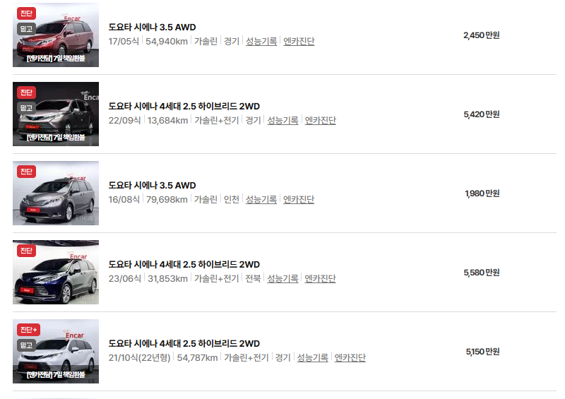 도요타 시에나 중고차 가격 시세표 연비