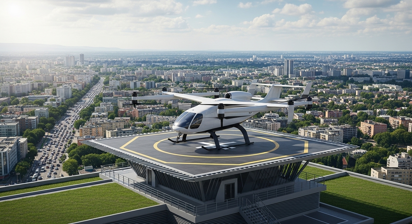 도심 건물 옥상에 위치한 버티포트에서 이륙 준비 중인 UAM(도심 항공 모빌리티) 항공기. 복잡한 도시 위를 나는 미래 교통수단.