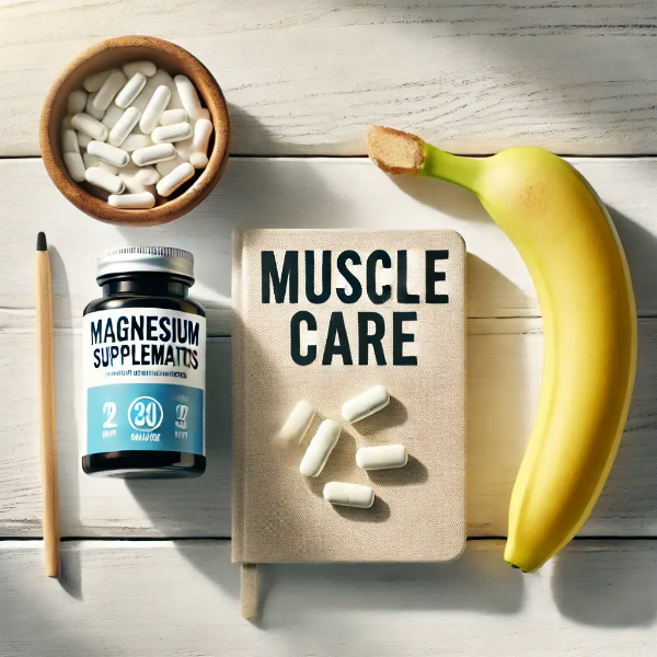 마그네슘 보충제, 바나나, 근육 관리 노트가 놓인 스튜디오컷