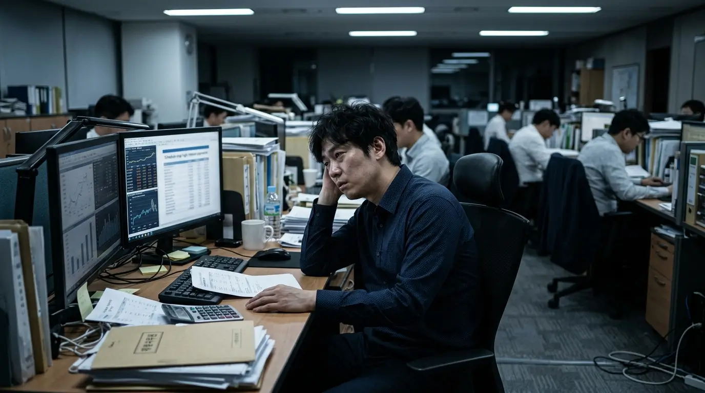 한국의 회사 사무실에서 30대 직장인이 근심 가득한 표정으로 노트북 화면의 과도한 대출 이자 내역을 확인하는 사실적인 장면