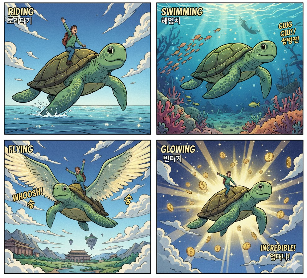 큰 거북이 행동별 해석 - 등에 타기, 하늘 나는 거북이