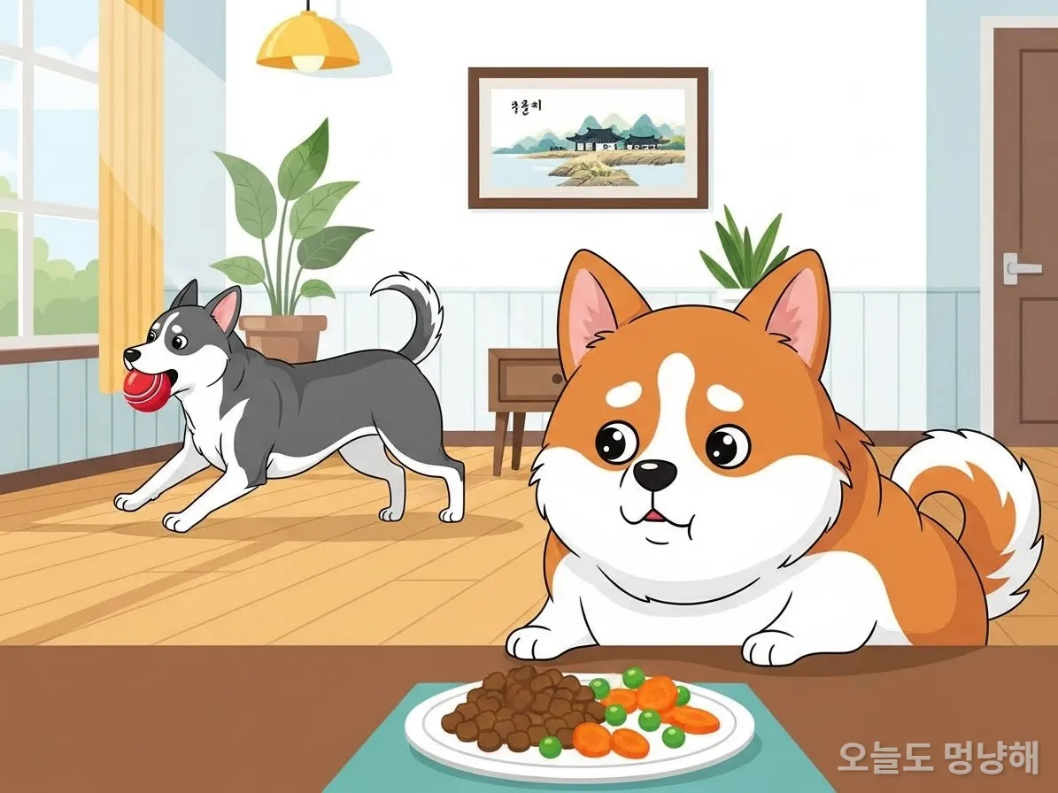 반려동물 비만 관리를 보여주는 건강한 사료와 운동하는 강아지