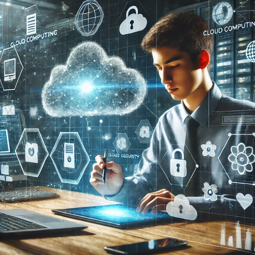 클라우드 컴퓨팅과 네트워크 보안을 관리하는 IT 전공 학생, 홀로그램 인터페이스 활용.