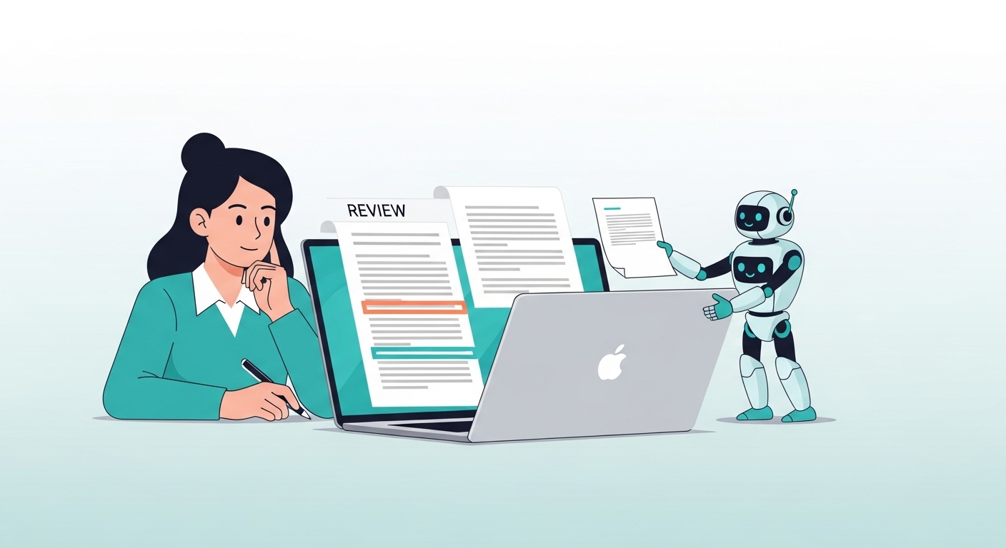 노트북으로 AI가 생성한 문서를 수정하는 사람의 손