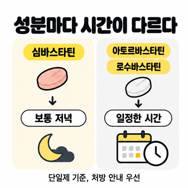 심바스타틴은 보통 저녁에, 아토르바스타틴과 로수바스타틴 단일제는 일정한 시간에 복용한다는 비교 도식