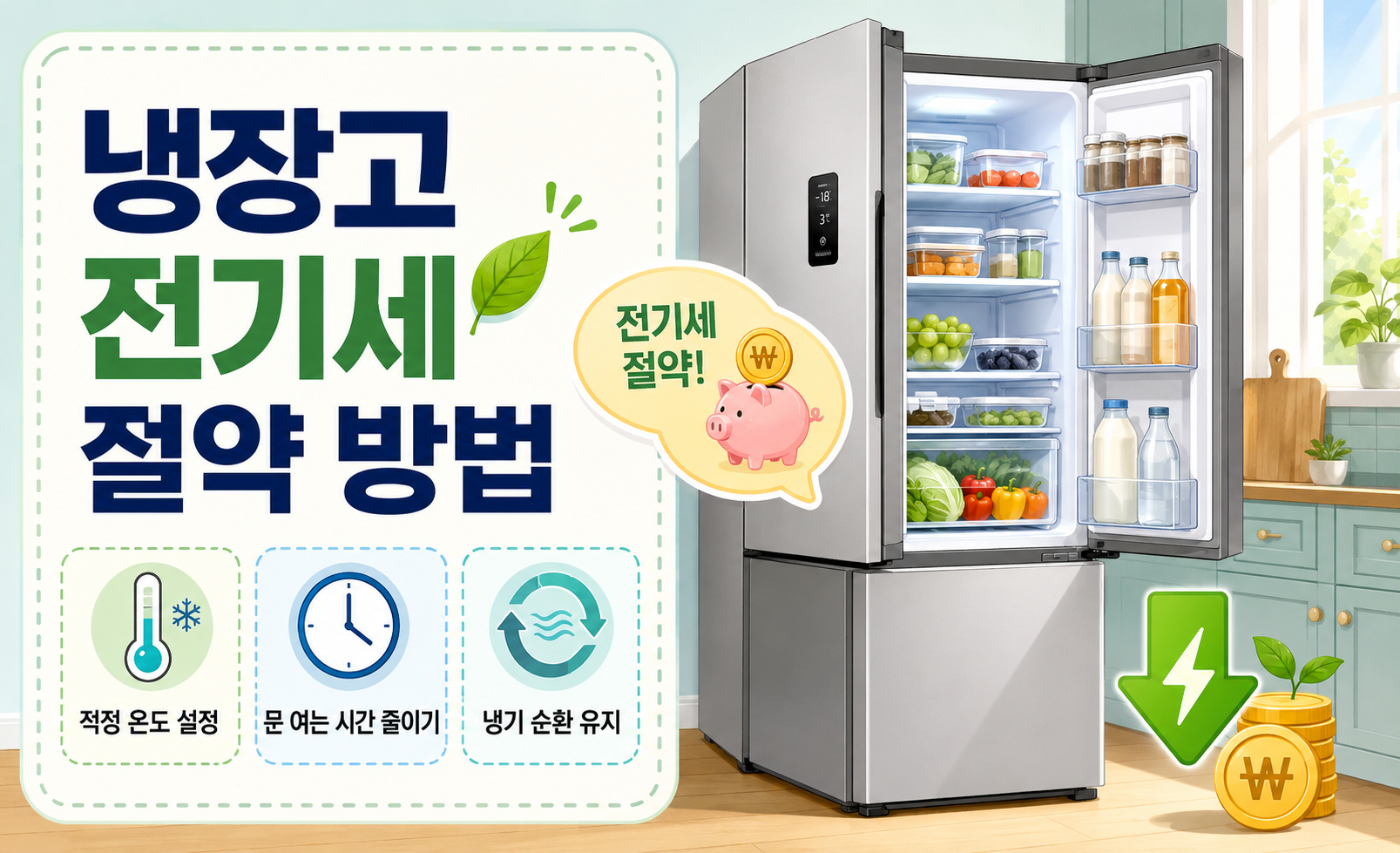 냉장고 전기세 절약 방법과 적정 온도 설정, 문 여는 시간 줄이기, 냉기 순환 유지 방법을 정리한 이미지