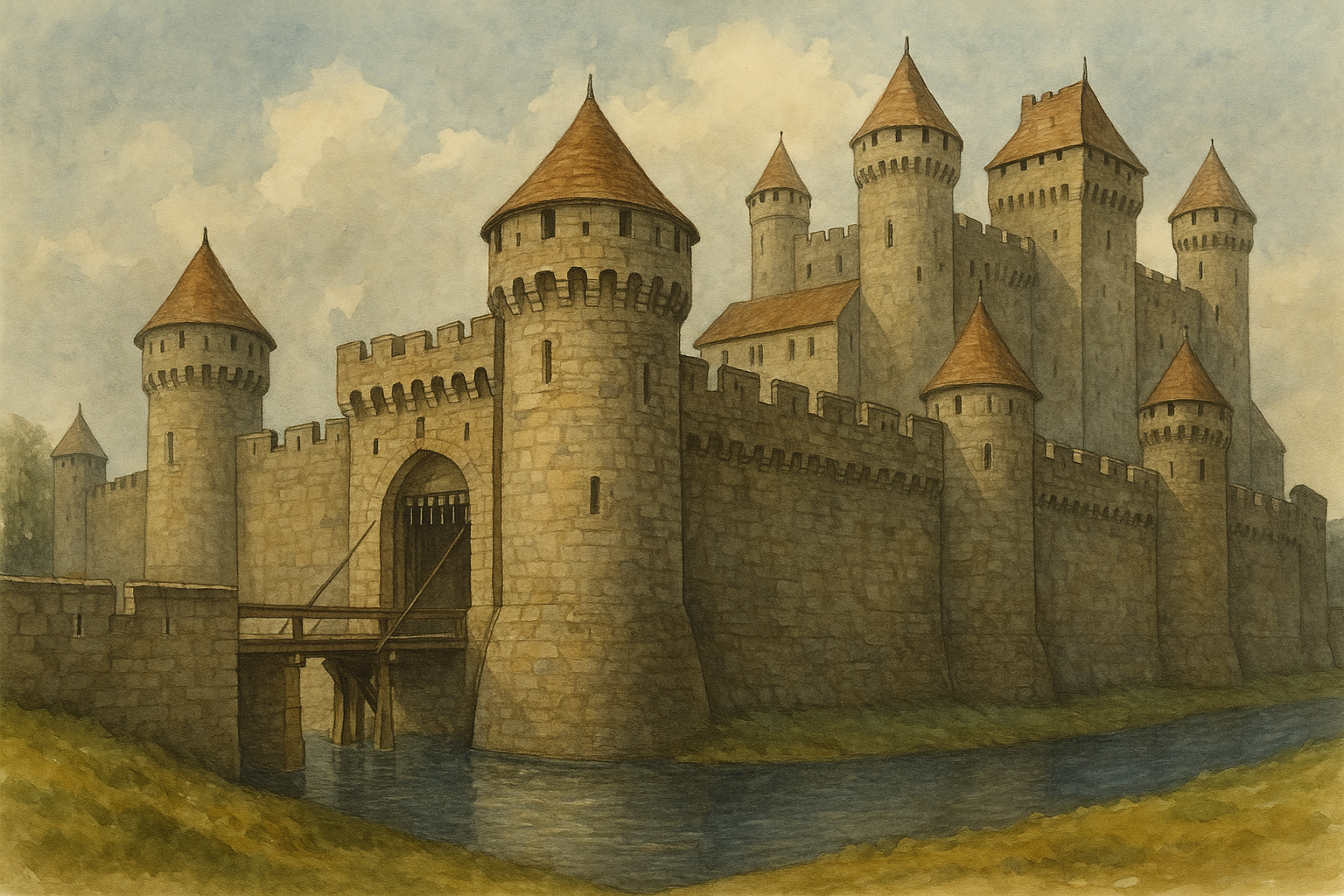 중세 성곽과 해자 성탑과 성문이 강조된 방어 구조 이미지