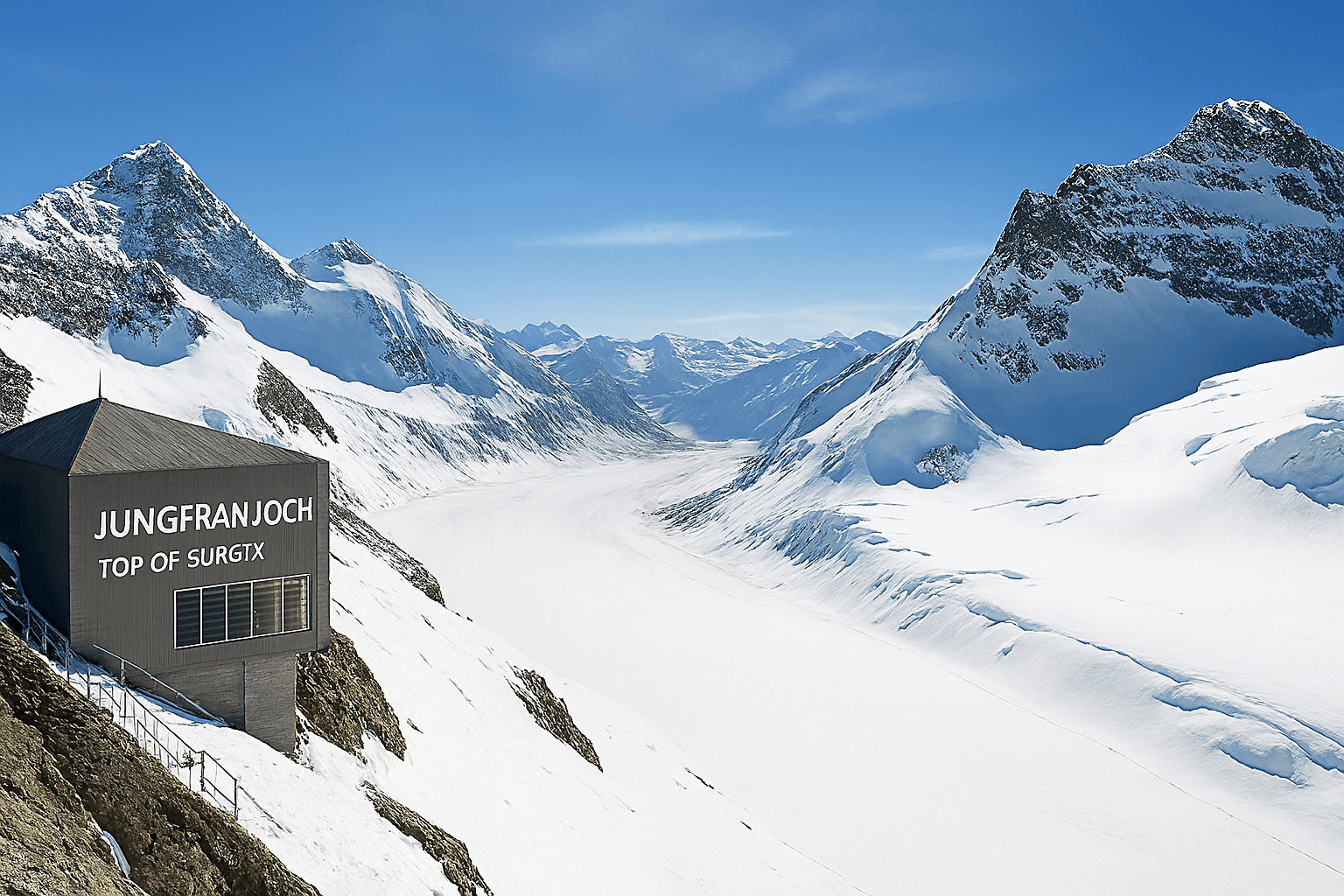 푸른 하늘 아래 눈부신 만년설로 덮인 융프라우요흐 정상에서 바라본 웅장한 알프스 파노라마. 깃발과 함께 펼쳐진 설경이 시원하게 보인다.
