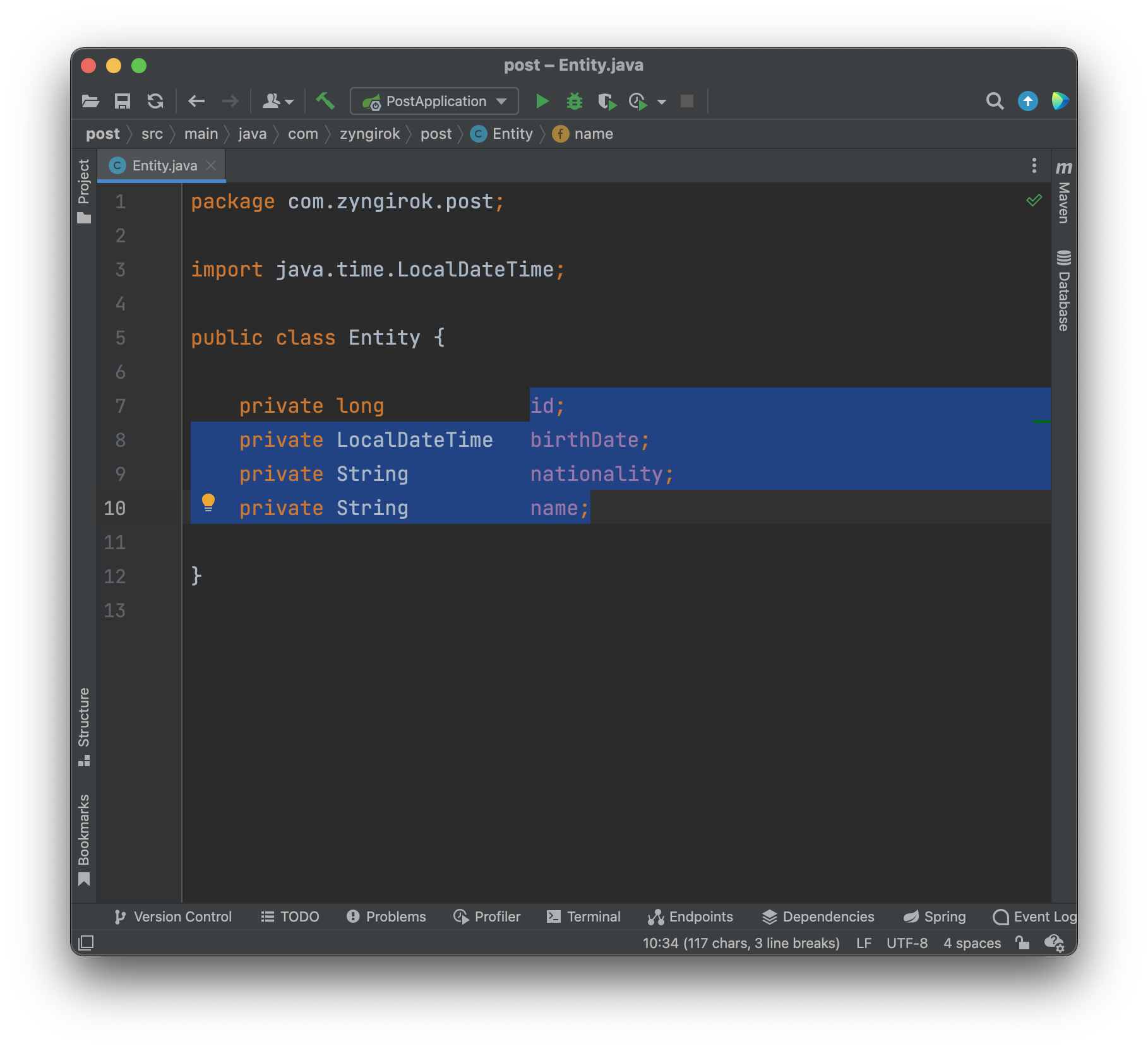 인텔리제이에서-블록설정을-했을때의-모습이다.-드래그한-모든-행이-선택된다.
