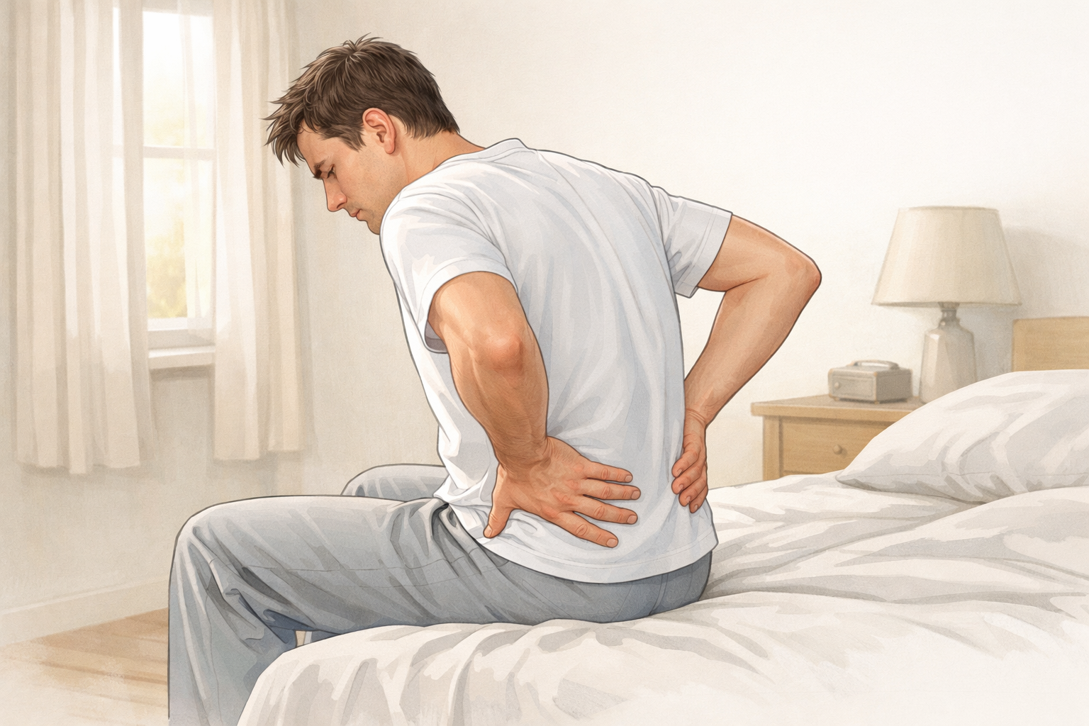침대에 걸터앉아 허리 통증을 느끼는 남자 일러스트