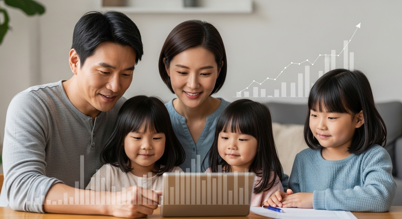 가족이 희망찬 표정으로 태블릿을 보며 국가 지원금 정보를 확인하는 모습. 2026년 생계급여 인상 소식에 대한 기대를 표현함.
