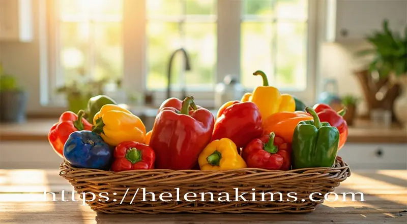 주방 탁자 위 나무 바구니에 노랑색, 빨강색, 주황색, 파프리카와 녹색과 빨강색의 피망이 담겨있는 이미지.