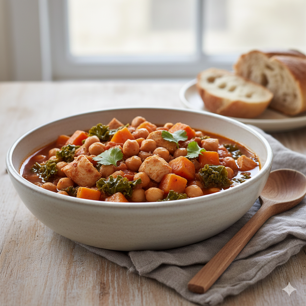 토마토 베이스 소스에 병아리콩과 채소를 넣어 푹 끓여낸 이국적인 병아리콩 스튜