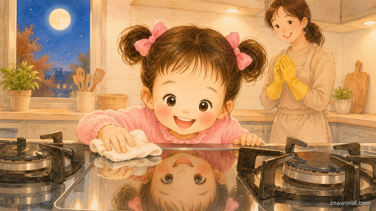 추석 대청소 후 반짝이는 가스레인지에 얼굴을 비춰보는 아이 일러스트