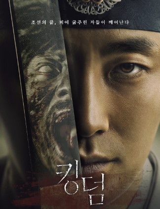 조선 시대 배경의 좀비 스릴러 드라마 '킹덤' 공식 포스터. 주인공 주지훈의 얼굴과 좀비 얼굴이 절반씩 겹쳐져 대조를 이루는 이미지