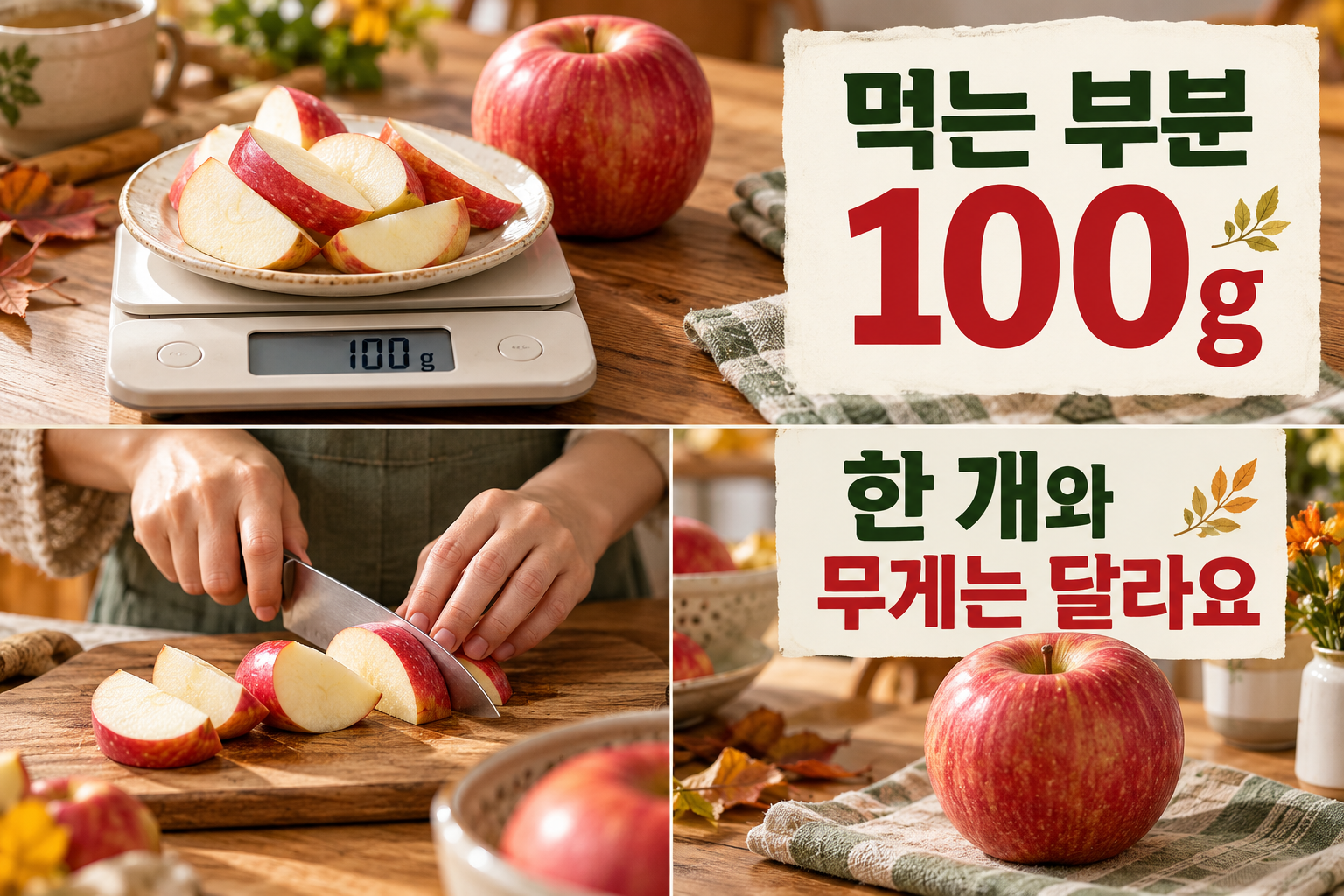 통사과와 별도로 덜어 저울에 올린 껍질 있는 사과 조각.