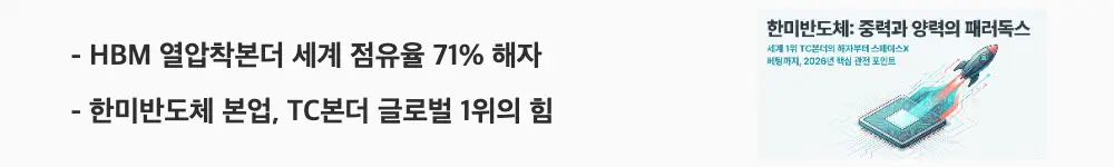 한미반도체 주가 전망: 'HBM 열압착본더 세계 점유율 71% 해자'라는 문구가 포함된 웹배너 이미지. 이 이미지는 한미반도체의 TC본더 세계 1위 시장 지위와 사업 구조를 시각적으로 전달하며, 블로그의 한미반도체 주가 전망과 관련된 내용을 설명함
