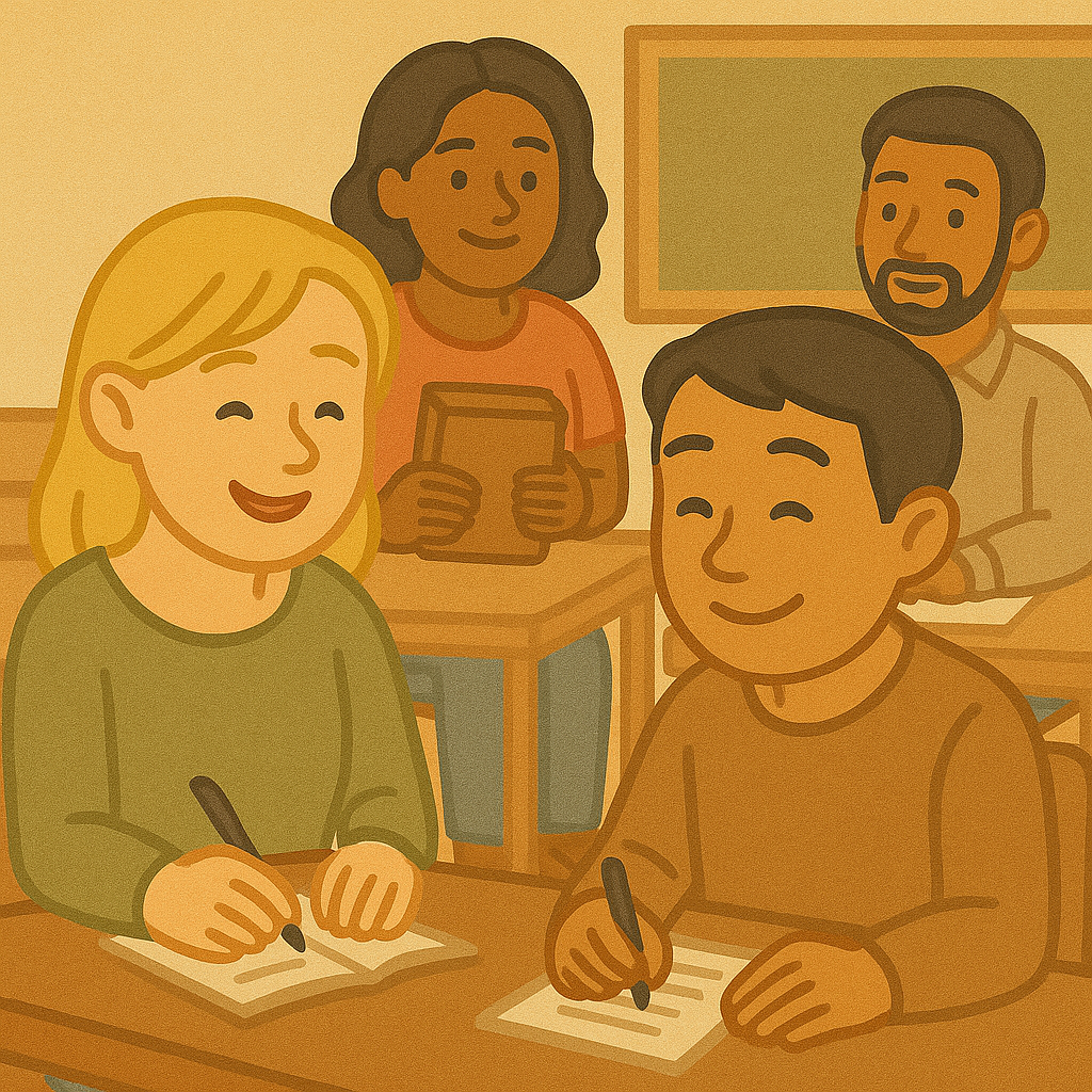 다문화 가정 사람들이 다같이 공부를 하고 있다.