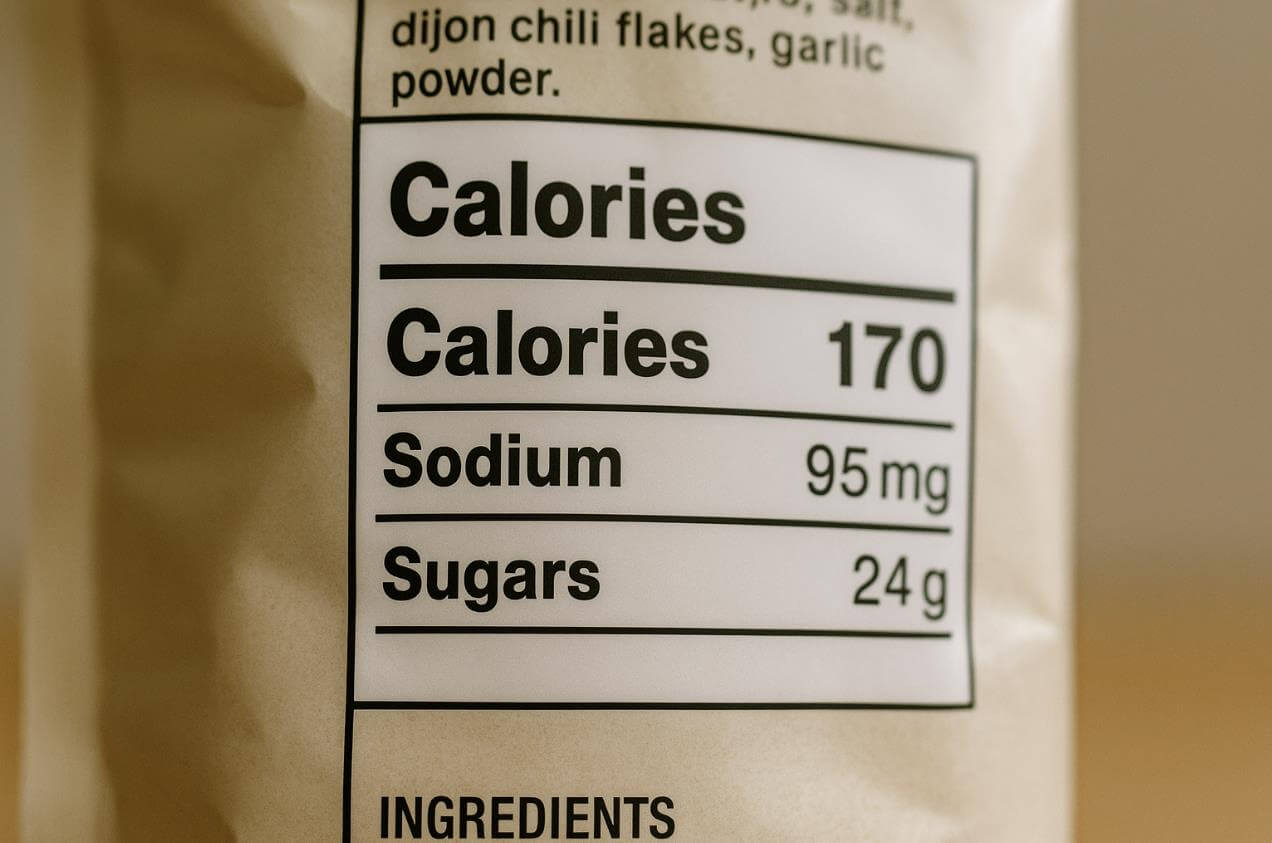 과자 포장의 영양 성분표, 칼로리&middot;나트륨&middot;당류 표시.