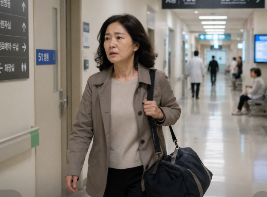 개인용품을 급히 넣은 가방을 들고 대학병원 복도를 걷는 보호자 딸